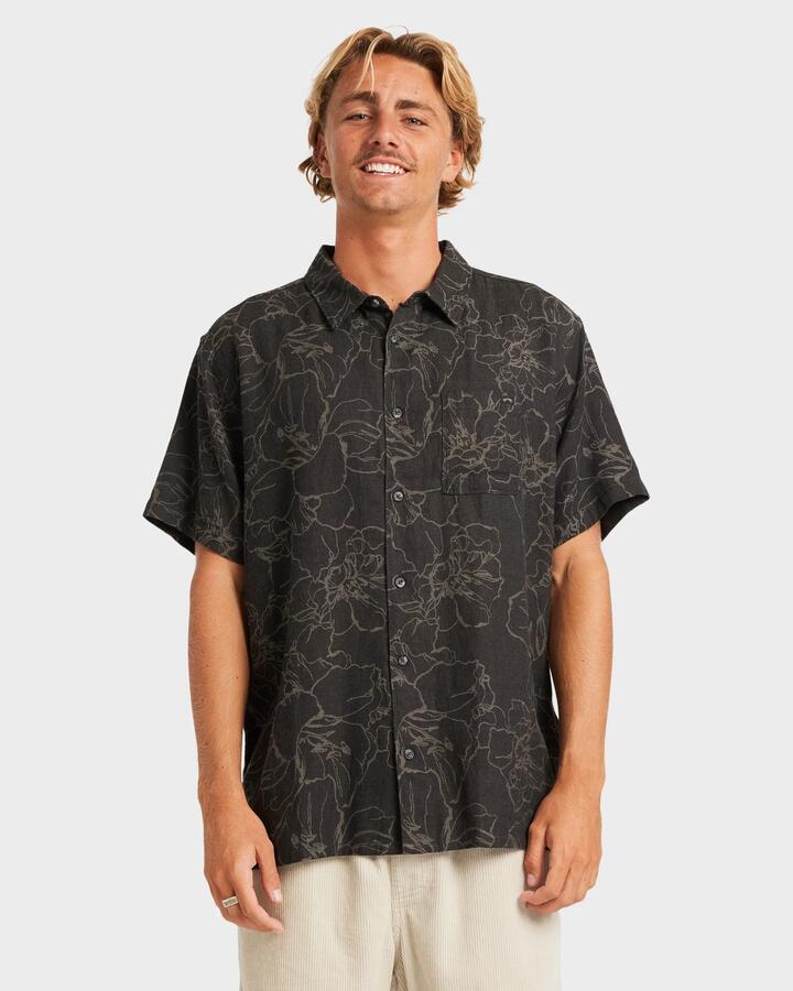 Image of a model wearing Tops. Productname: Billabong - Mens Sundays Jacquard Short Sleeve Shirt - Black - in Black colour by brand - Billabong