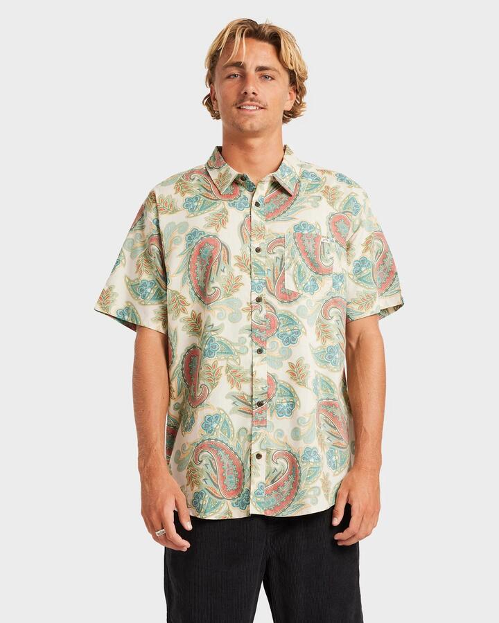 Image of a model wearing Tops. Productname: Billabong - Mens Sunday Short Sleeve Shirt - Desert - in Desert colour by brand - Billabong