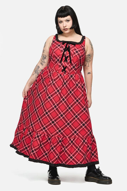 Image of a model wearing Dress. Productname: Curve Piracy Punk Tartan Midi Dress in Red colour by brand - Dangerfield
