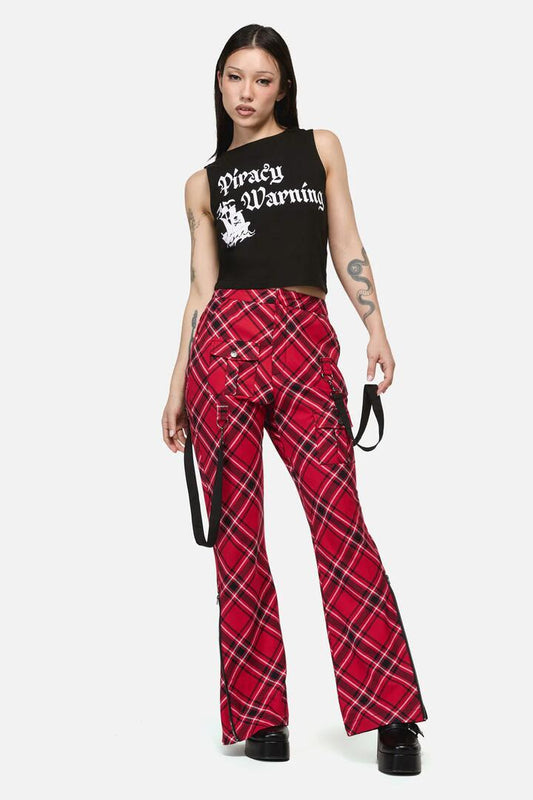 Image of a model wearing Pants. Productname: Piracy Punk Tartan Pant in Red colour by brand - Dangerfield