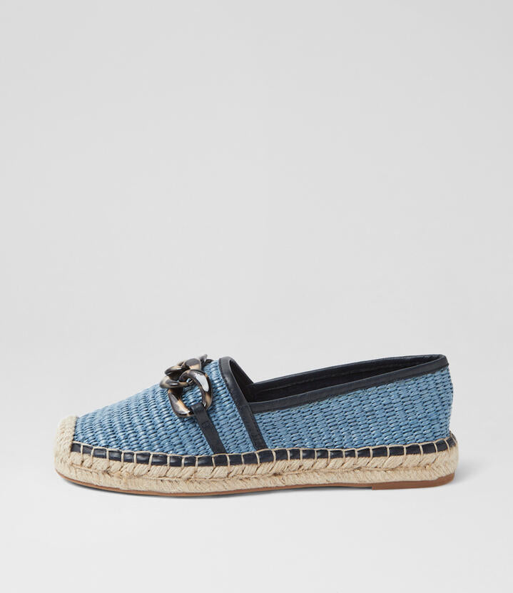 Image of a model wearing Denim. Productname: Sibby Denim Navy Fabric Flat Shoes in DENIM-NAVY colour by brand - MIDAS