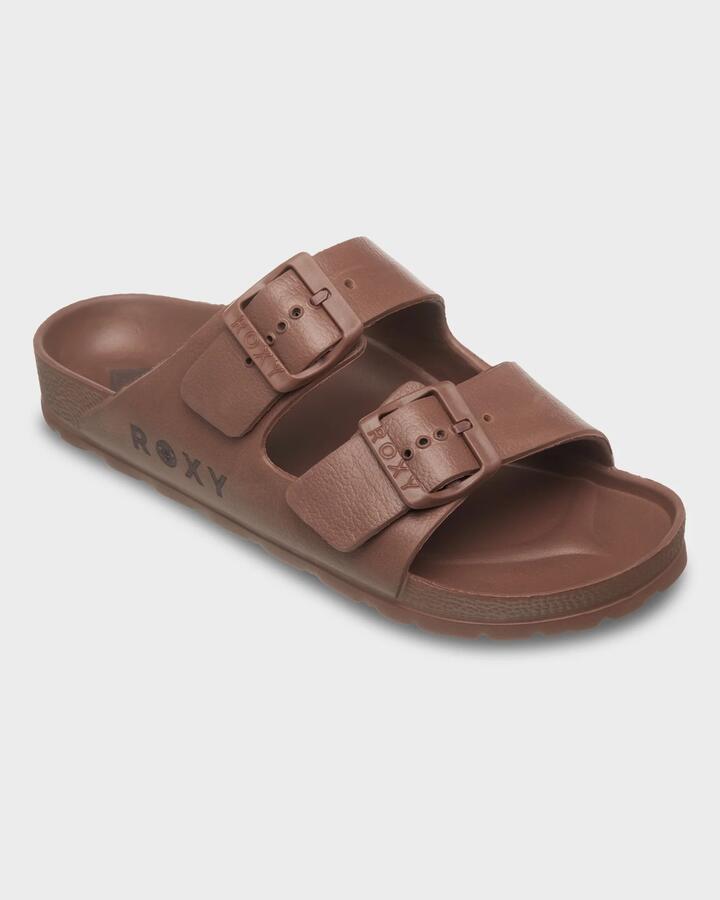 Image of Slippers. Product name - Roxy Womens Kattie Slides Chocolate in Chocolate colour by brand - Roxy