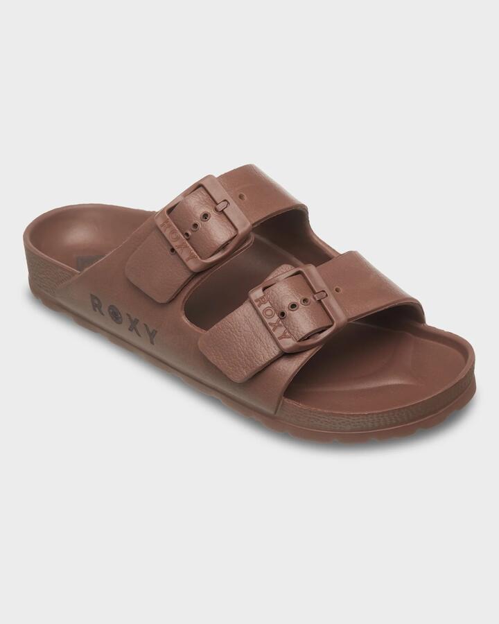 Image of Slippers. Product name - Roxy Womens Kattie Slides Chocolate in Chocolate colour by brand - Roxy
