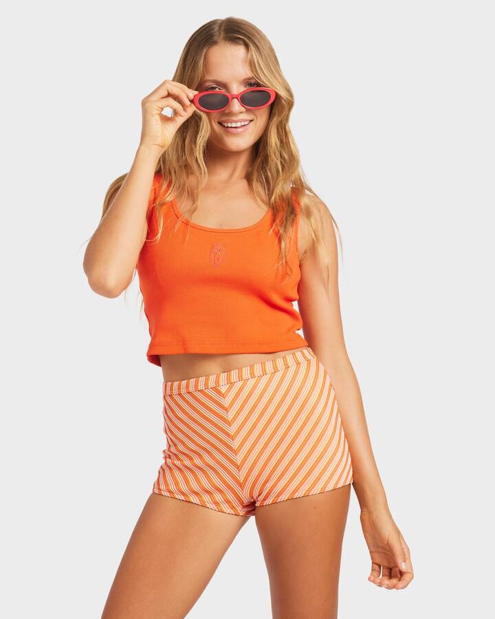 Image of a model wearing Tops. Productname: Roxy - Womens Hazy Dayz Tank Top - Tigerlily - in Tigerlily colour by brand - Roxy