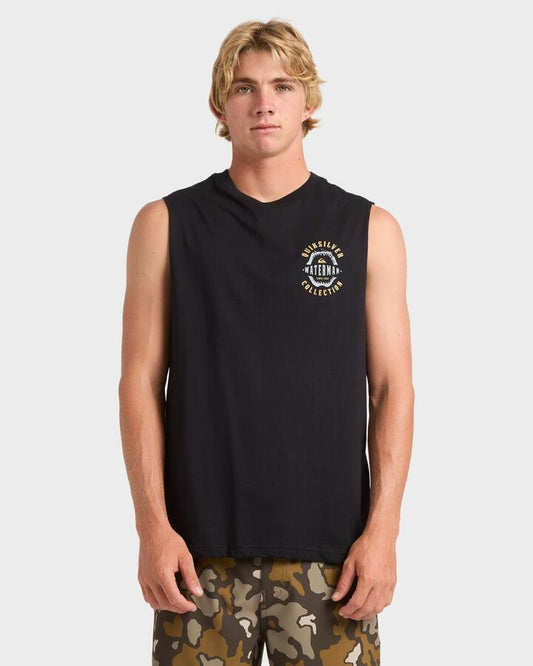 Image of a model wearing Tops. Productname: Quiksilver - Mens Heavy Hooks Muscle - Black - in Black colour by brand - Quiksilver