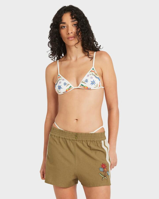 Image of a model wearing Shorts. Productname: RVCA - Womens Mel G Elastic Waist Shorts - Olive - in Olive colour by brand - RVCA