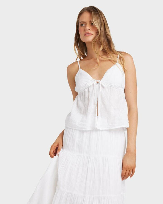 Image of a model wearing Tops. Productname: Billabong - Womens High Tides Cami Top - White - in White colour by brand - Billabong