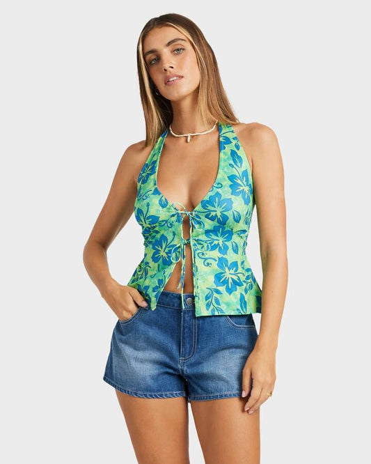 Image of a model wearing Tops. Productname: Billabong - Womens Lime Crush Halter Top - Limeade - in Limeade colour by brand - Billabong