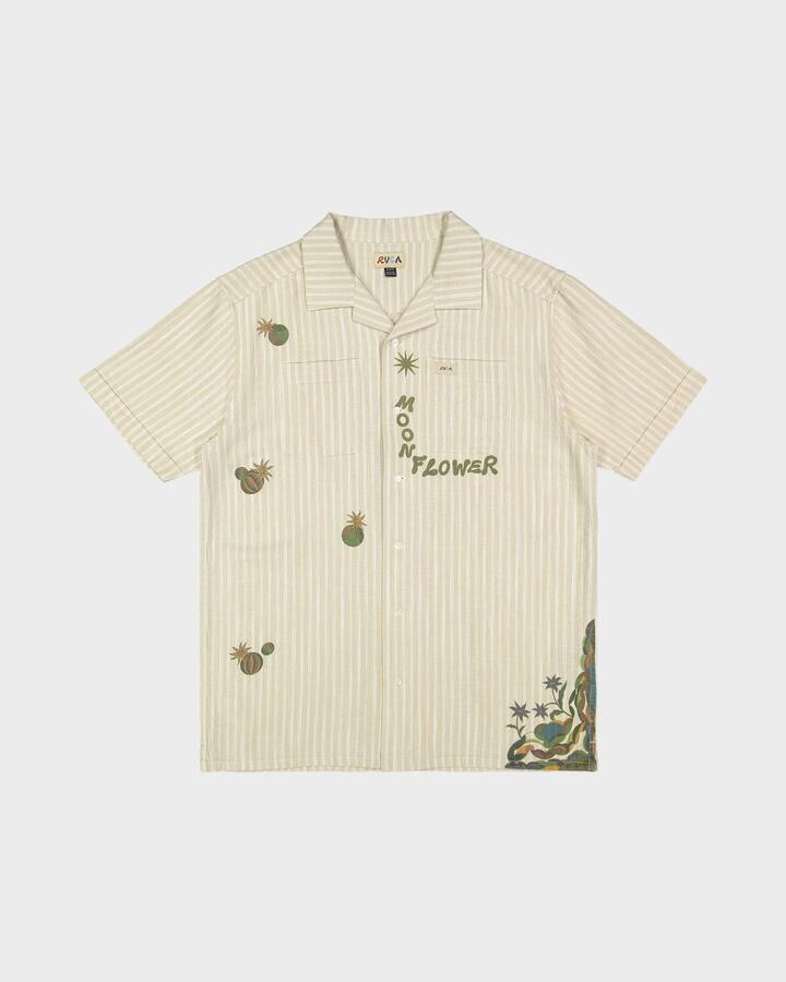 Image of a model wearing Tops. Productname: RVCA - Mens Mel G Moonlight Short Sleeve Shirt - Antique White - in Antique White colour by brand - RVCA