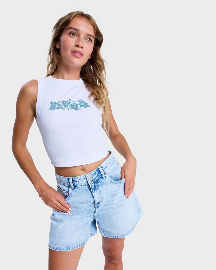 Image of a model wearing Tops. Productname: Roxy - Womens Iconic Days Tank Top - Bright White Hibicus - in Bright White Hibicus colour by brand - Roxy