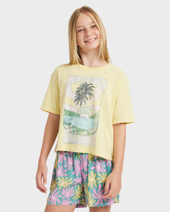 Image of a model wearing Shorts. Product name - Roxy Girls 8-16 Lekeito Break Printed Elastic Waist Shorts Coastal Shade Flipper in Coastal Shade Flipper colour by brand - Roxy