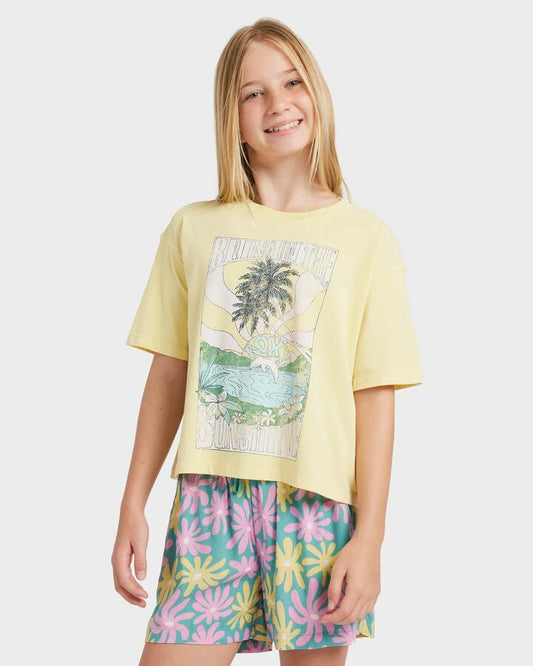 Image of a model wearing Shorts. Product name - Roxy Girls 8-16 Lekeito Break Printed Elastic Waist Shorts Coastal Shade Flipper in Coastal Shade Flipper colour by brand - Roxy