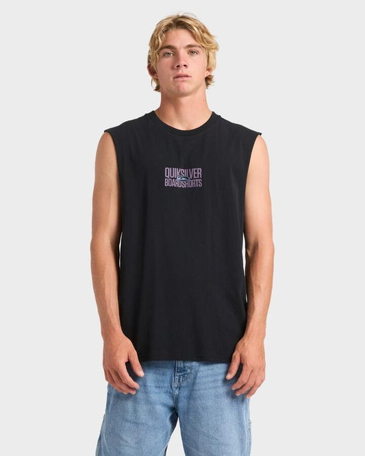 Image of a model wearing Tops. Product name - Quiksilver Mens Mega Stack Muscle Black in Black colour by brand - Quiksilver