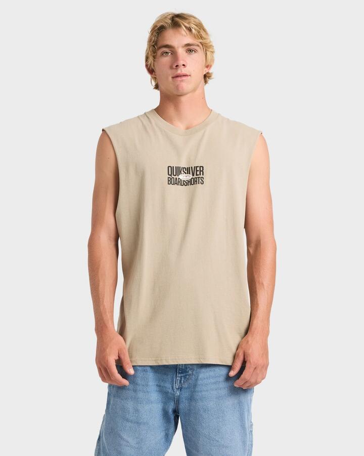 Image of a model wearing Tops. Product name - Quiksilver Mens Mega Stack Muscle Seneca Rock in Seneca Rock colour by brand - Quiksilver