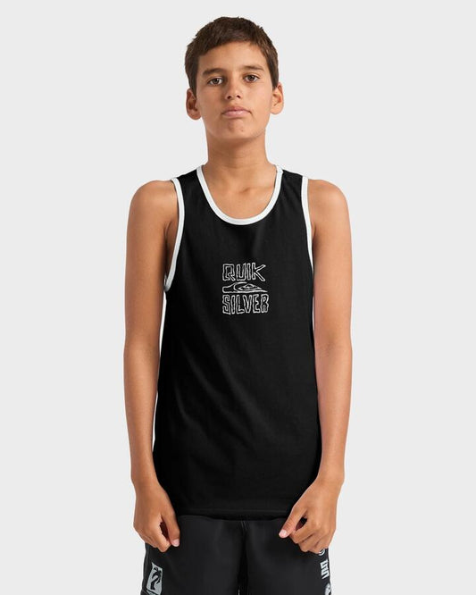 Image of a model wearing Tops. Product name - Quiksilver Boys 8-16 Lo Res Tank Top Black in Black colour by brand - Quiksilver