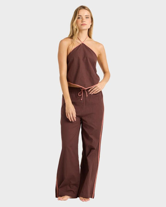 Image of a model wearing Pants. Product name - Billabong Womens Coastal Crush Elastic Waist Pants Teak in Teak colour by brand - Billabong