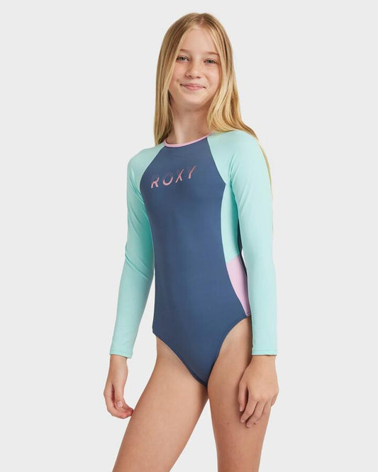 Image of Coats & Jackets. Productname: Roxy Girls 8-16 Colorblock One Piece Rash Vest Vintage Indigo - in Vintage Indigo colour by brand - Roxy