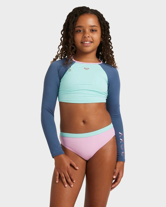 Image of Coats & Jackets. Product name - Roxy Girls 8-16 Colorblock Two Piece Rash Vest Vintage Indigo in Vintage Indigo colour by brand - Roxy