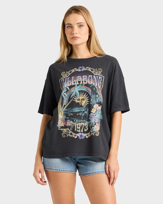 Image of a model wearing Tops. Productname: Billabong - Womens Counting Stars T-Shirt - Off Black - in Off Black colour by brand - Billabong