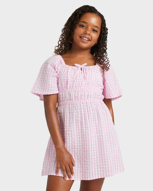 Image of Dresses. Product name - Roxy Girls 8-16 Daisy Check Mini Dress Bonbon in Bonbon colour by brand - Roxy