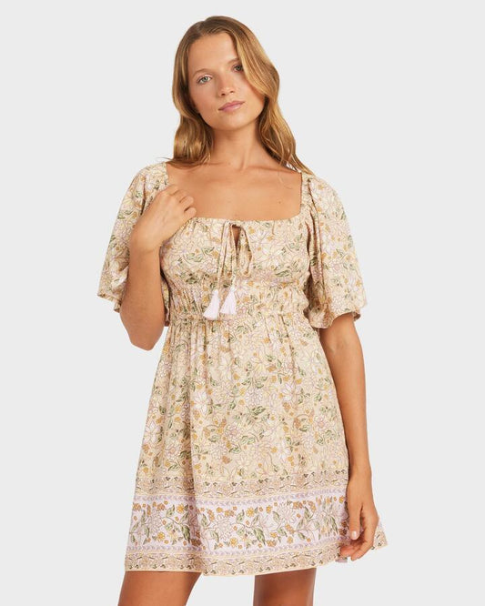 Image of Dresses. Product name - Roxy Womens Garland Sun Symphony Mini Dress Stone in Stone colour by brand - Roxy