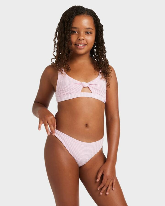 Image of a model wearing Tops. Product name - Roxy Girls 8-16 Daisy Check Bralette Two Piece Bonbon in Bonbon colour by brand - Roxy