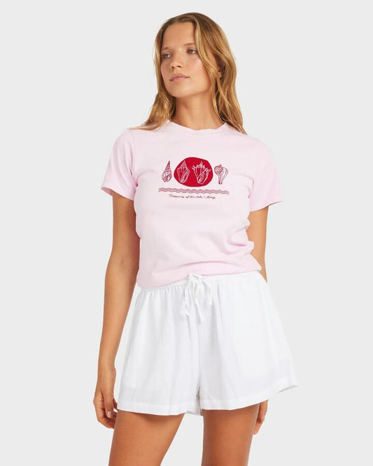 Image of a model wearing Shorts. Productname: Roxy - Womens Dreamer Elastic Waist Shorts - White - in White colour by brand - Roxy