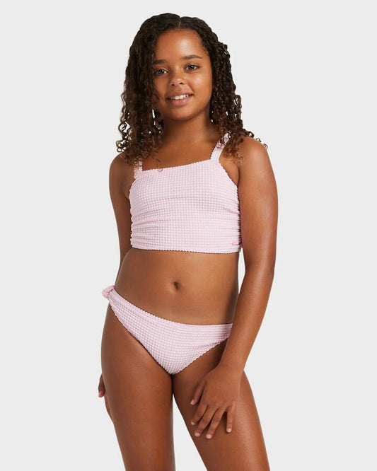 Image of a model wearing Tops. Product name - Roxy Girls 8-16 Daisy Check Crop Two Piece Bonbon in Bonbon colour by brand - Roxy