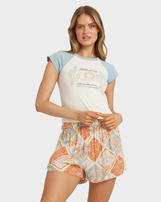 Image of a model wearing Shorts. Productname: Billabong - Womens Forever Folk Elastic Waist Shorts - Whitecap - in Whitecap colour by brand - Billabong