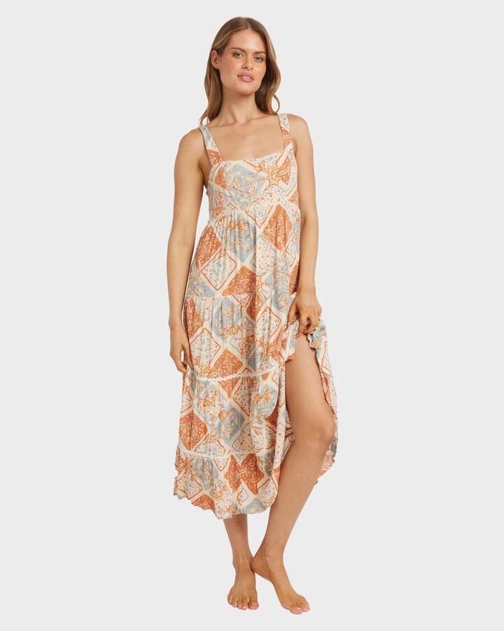 Image of Dresses. Product name - Billabong Womens Forever Folk Midi Dress Whitecap in Whitecap colour by brand - Billabong