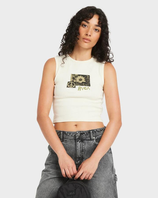 Image of a model wearing Tops. Productname: RVCA - Womens Garden Classic Tank Top - Antique White - in Antique White colour by brand - RVCA