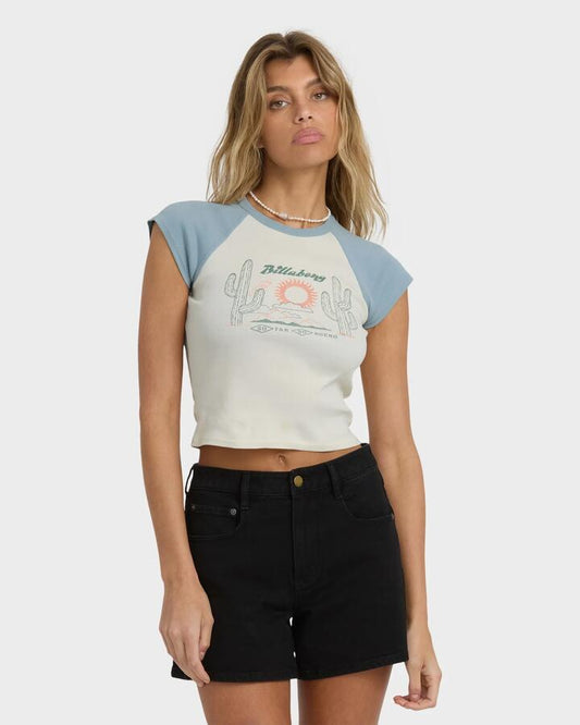 Image of a model wearing Tops. Productname: Billabong - Womens Forever Had Crop Top - Mineral Blue - in Mineral Blue colour by brand - Billabong