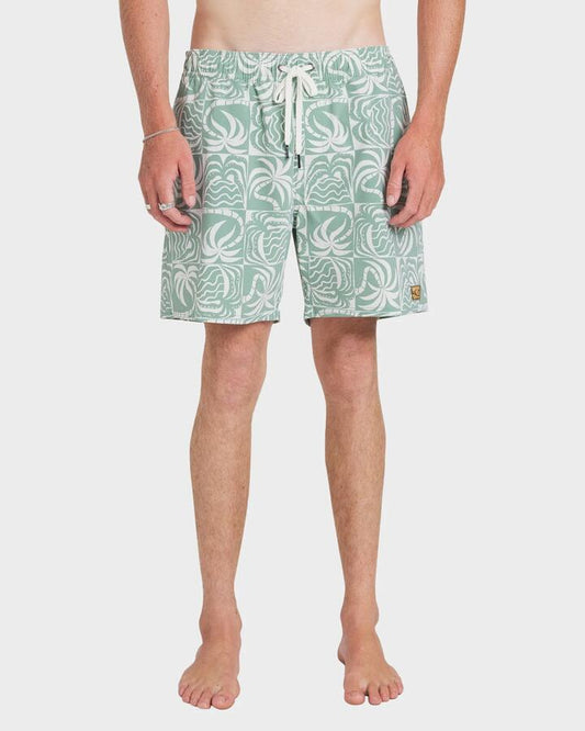 Image of Swimwear. Product name - RVCA Mens Exotica Print Elastic 17" Boardshorts Sage Leaf in Sage Leaf colour by brand - RVCA
