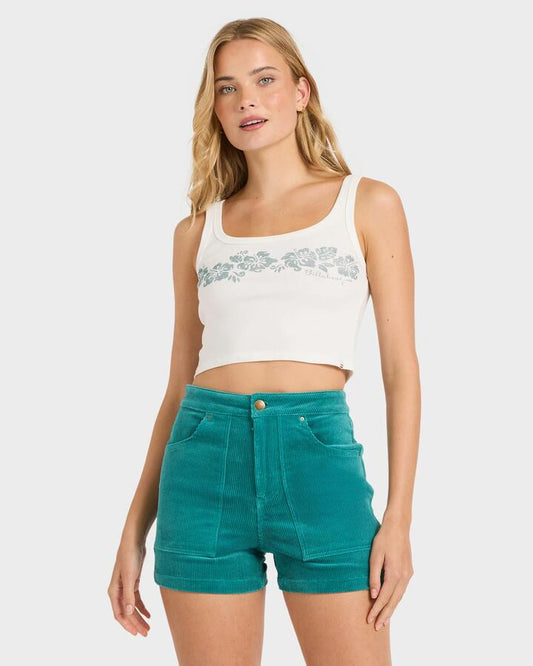 Image of a model wearing Shorts. Productname: Billabong - Womens Good Era High Waist Shorts - Deep Sea - in Deep Sea colour by brand - Billabong