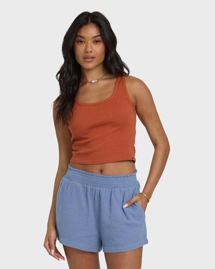 Image of a model wearing Tops. Productname: Billabong - Womens Goddess Knit Tank Top - Sedona - in Sedona colour by brand - Billabong
