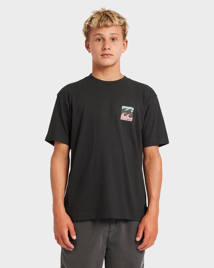 Image of a model wearing Tops. Productname: Billabong - Boys 8-16 Crayon Wave T-Shirt - Washed Black - in Washed Black colour by brand - Billabong