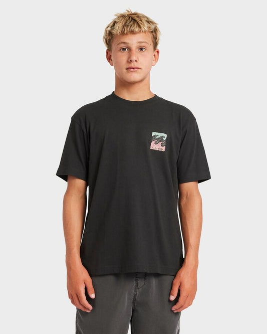 Image of a model wearing Tops. Productname: Billabong - Boys 8-16 Crayon Wave T-Shirt - Washed Black - in Washed Black colour by brand - Billabong