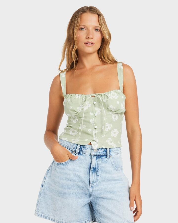Image of a model wearing Tops. Productname: Roxy - Womens Blossom Tank Top - Sage - in Sage colour by brand - Roxy