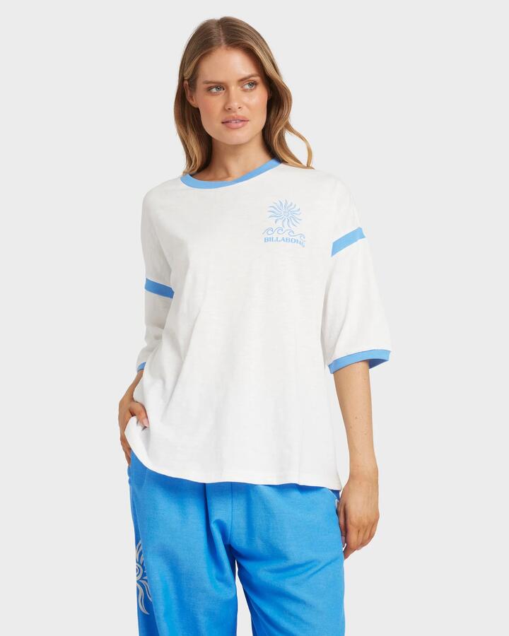 Image of a model wearing Tops. Productname: Billabong - Womens Find Me Here T-Shirt - Salt Crystal - in Salt Crystal colour by brand - Billabong