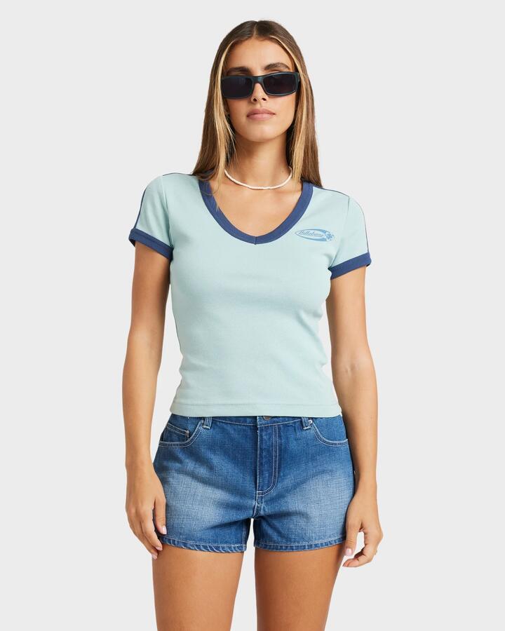 Image of a model wearing Tops. Productname: Billabong - Womens Billa Crush T-Shirt - Sea Fog - in Sea Fog colour by brand - Billabong
