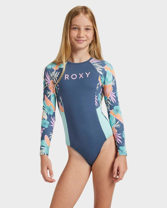 Image of Coats & Jackets. Product name - Roxy Girls 8-16 Active One Piece Rash Vest Vintage Indigo Tropical Advent in Vintage Indigo Tropical Advent colour by brand - Roxy