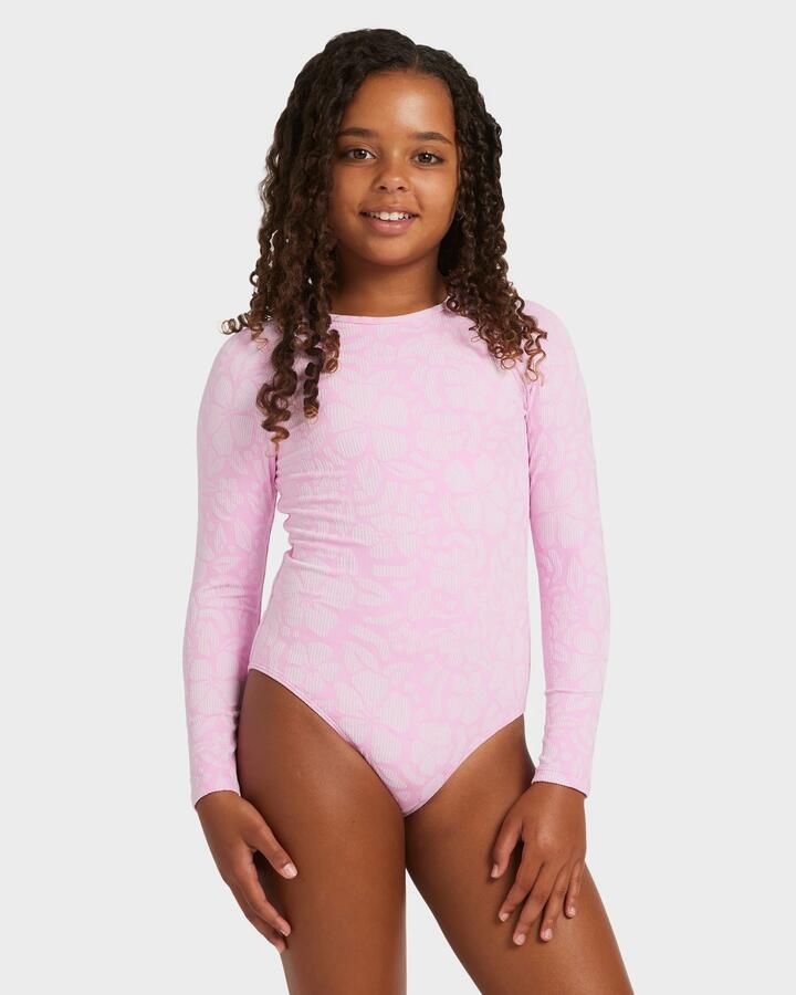 Image of Coats & Jackets. Product name - Roxy Girls 8-16 Bico Paper One Piece Rash Vest Bonbon Shadow Tropics in Bonbon Shadow Tropics colour by brand - Roxy
