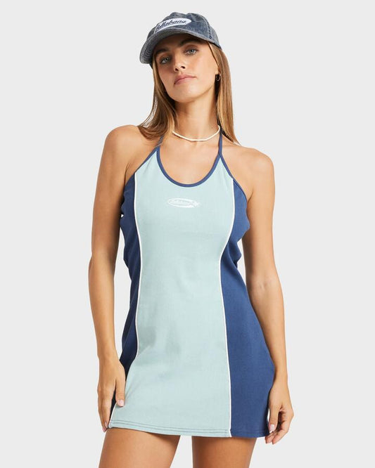 Image of a model wearing Tops. Productname: Billabong - Womens Billa Crush Halter Dress - Sea Fog - in Sea Fog colour by brand - Billabong