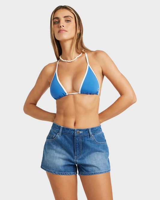 Image of a model wearing Shorts. Productname: Billabong - Womens Billa Legit Denim Shorts - Dark Denim - in Dark Denim colour by brand - Billabong