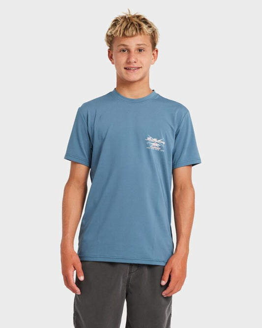 Image of a model wearing Tops. Productname: Billabong Boys 8-16 Crossboards Surf T-Shirt Real Teal - in Real Teal colour by brand - Billabong