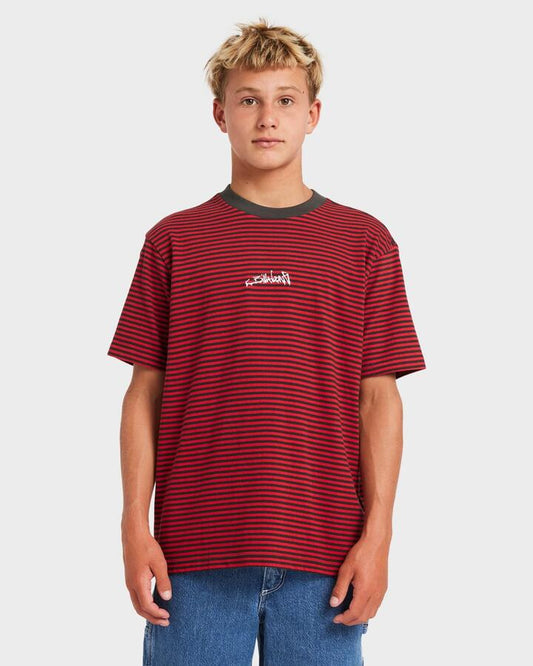 Image of a model wearing Tops. Productname: Billabong Boys 8-16 Absence Stripe T-Shirt Scarlet - in Scarlet colour by brand - Billabong