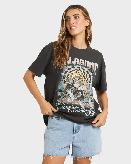 Image of a model wearing Tops. Productname: Billabong Womens Paradise Tour T-Shirt Off Black - in Off Black colour by brand - Billabong