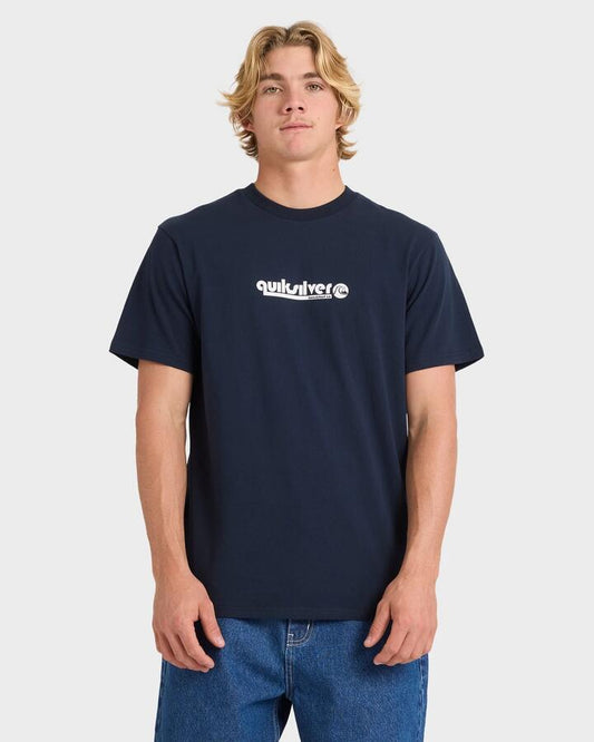 Image of a model wearing Tops. Productname: Quiksilver Mens Quik Throwback T-Shirt Dark Navy - in Dark Navy colour by brand - Quiksilver