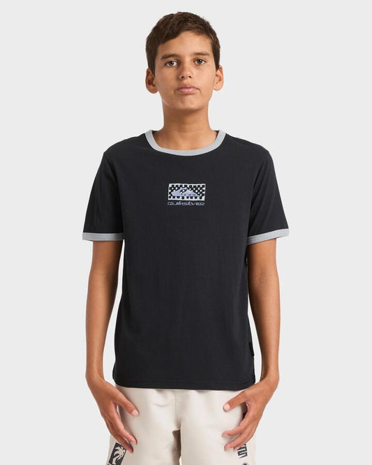 Image of a model wearing Tops. Productname: Quiksilver Boys 8-16 Next Gen Ringer T-Shirt Black - in Black colour by brand - Quiksilver