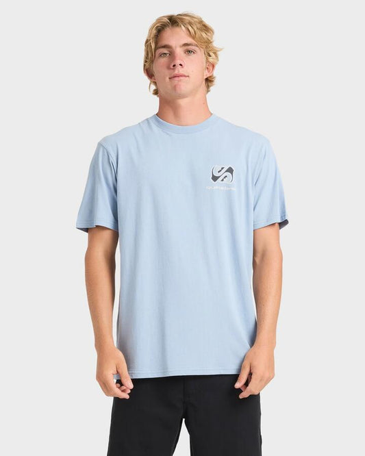 Image of a model wearing Tops. Productname: Quiksilver Mens Mirror Flare T-Shirt Ashley Blue - in Ashley Blue colour by brand - Quiksilver